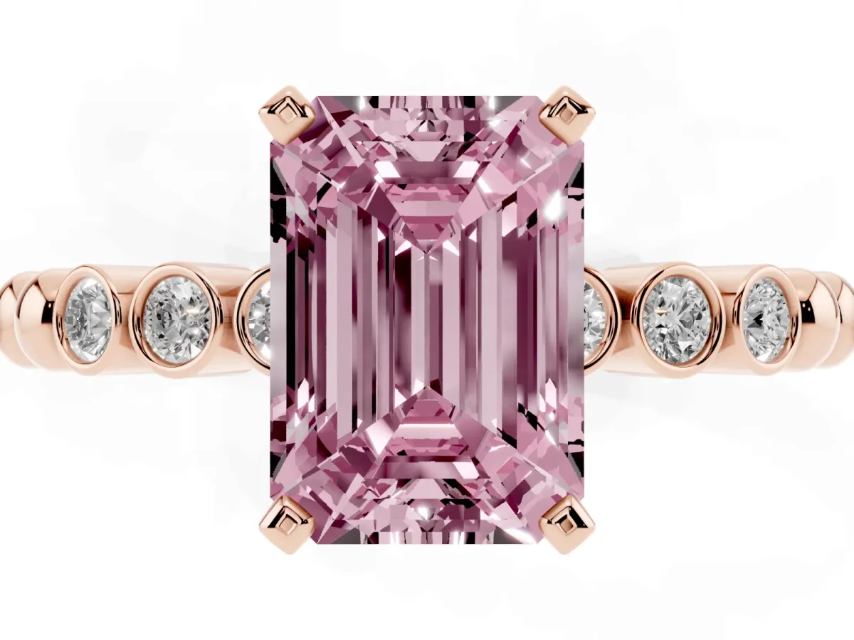 Fancy Pink Emerald Cut Solitaire Bezel Accent Diamond Engagement Ring with Beaded Band and Four-Prong Setting Rose gold