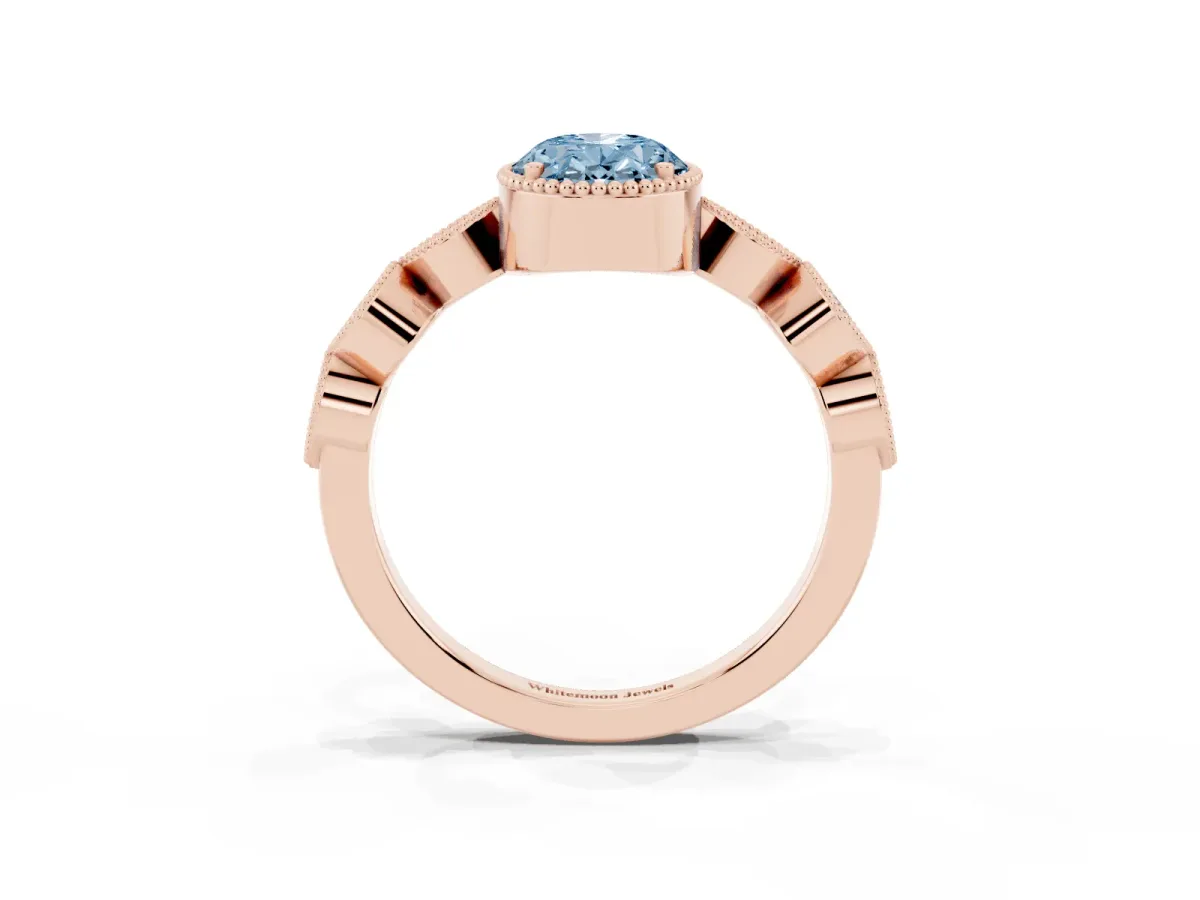 Fancy Blue Oval Cut Diamond Vintage Milgrain Ring with Round Stations Rose gold