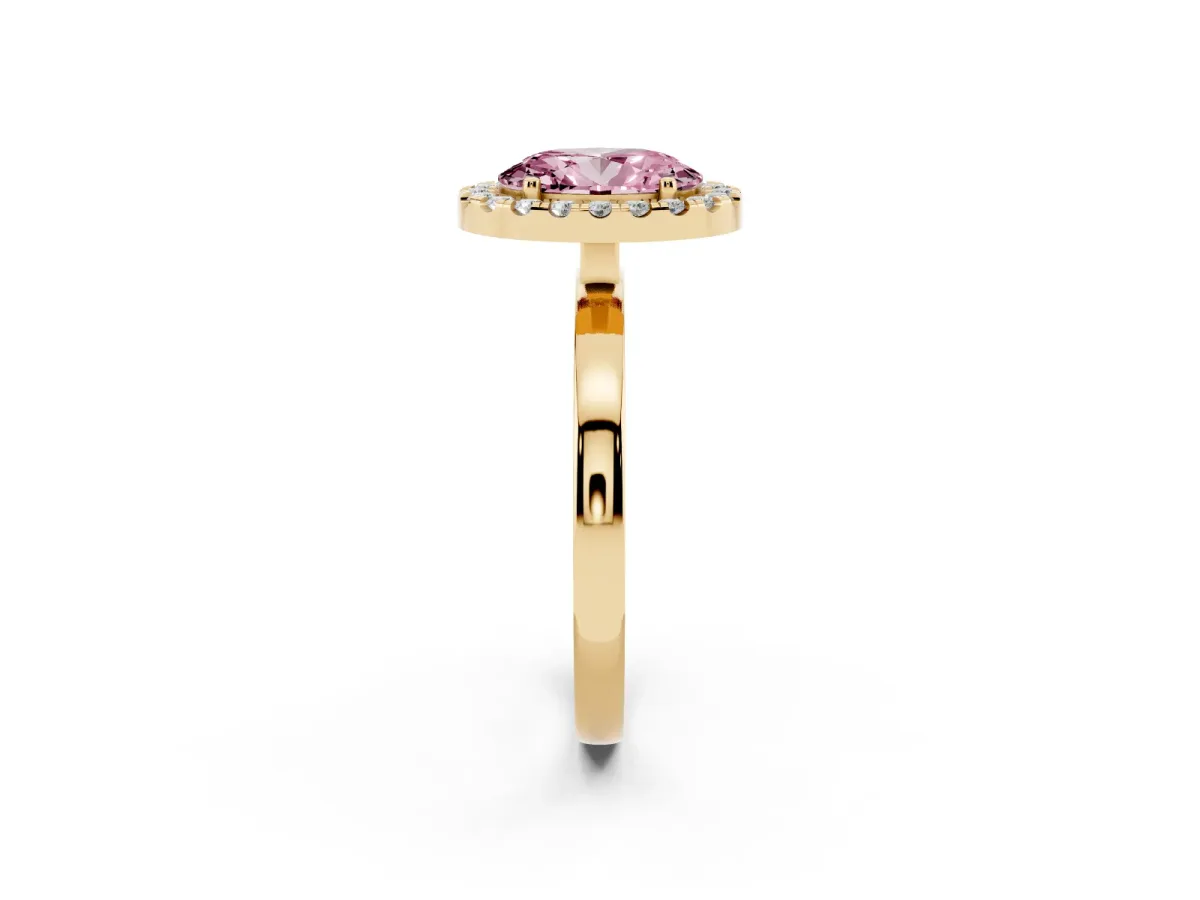 Fancy Pink Oval Cut Halo Diamond Solitaire with Pavé Band and Four-Prong Setting Yellow gold
