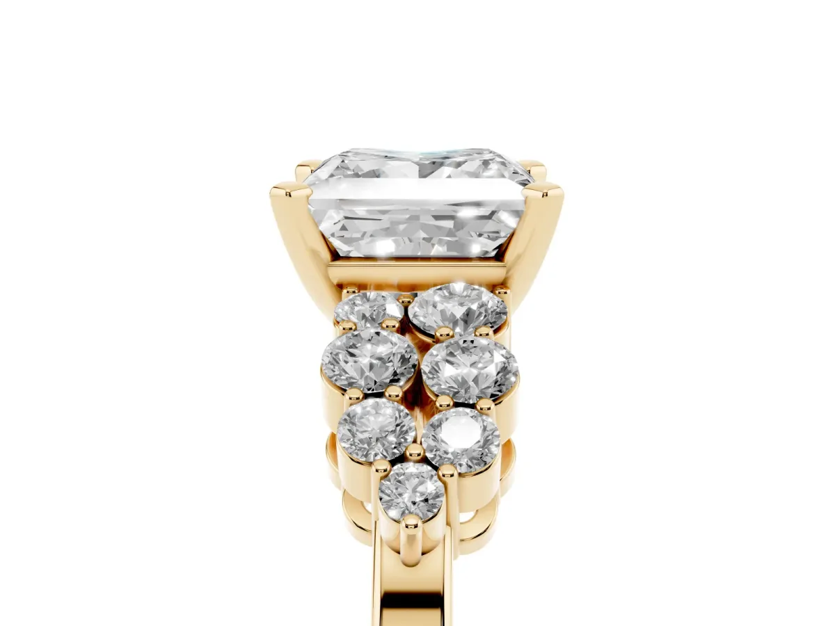 Princess Cut Cluster Diamond Engagement Ring with Pavé Band and Four-Prong Setting Yellow gold