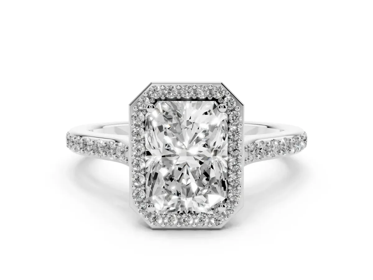Radiant Cut Diamond Halo Engagement Ring with Round Pavé Shoulders and Prong Setting White gold