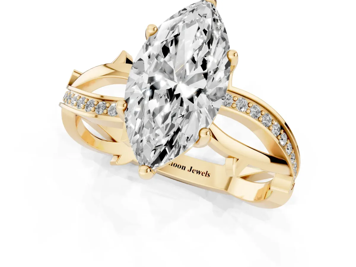 Marquise Cut Solitaire Twist Band with Pavé Accents and Four-Prong Setting Yellow gold