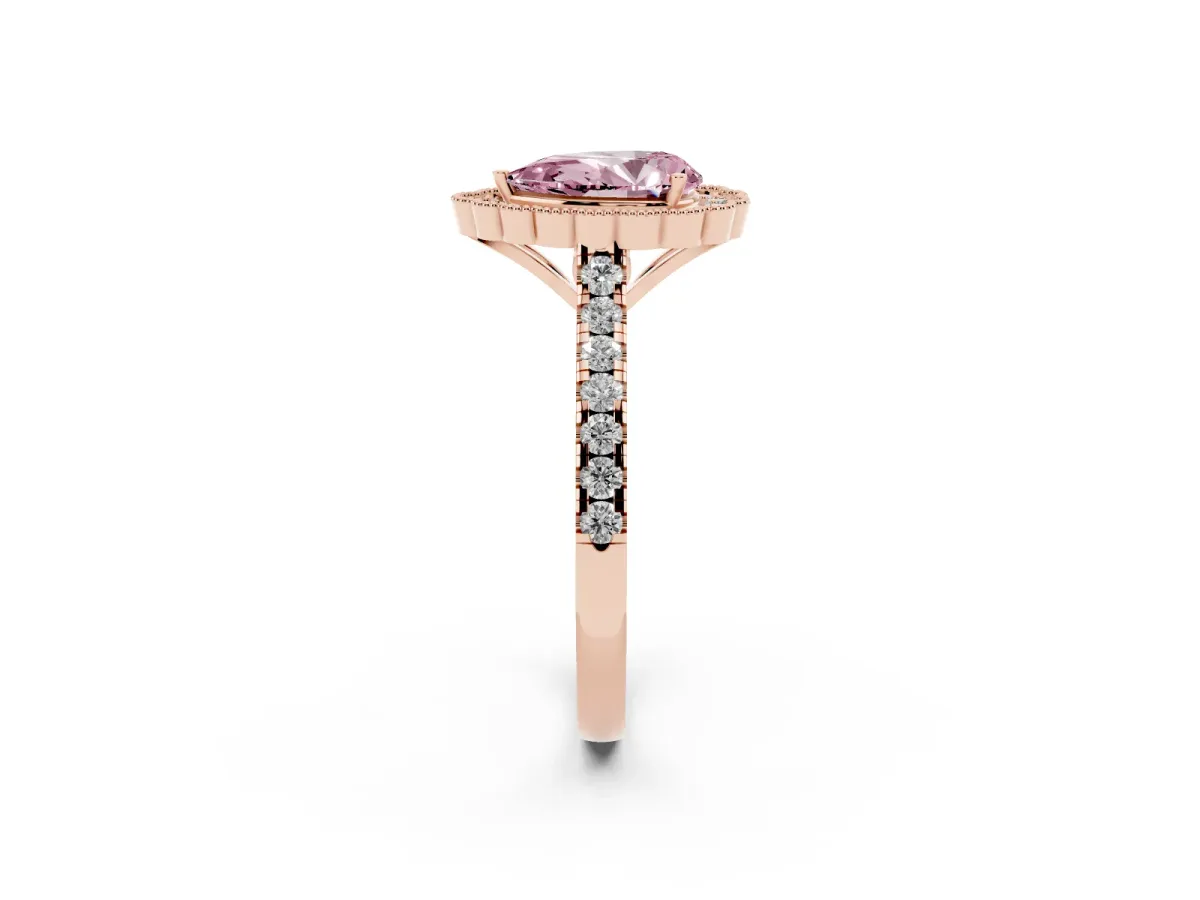 Fancy Pink Pear Cut Cut Diamond Milgrain Floral Halo Engagement Ring with Pavé Band Rose gold