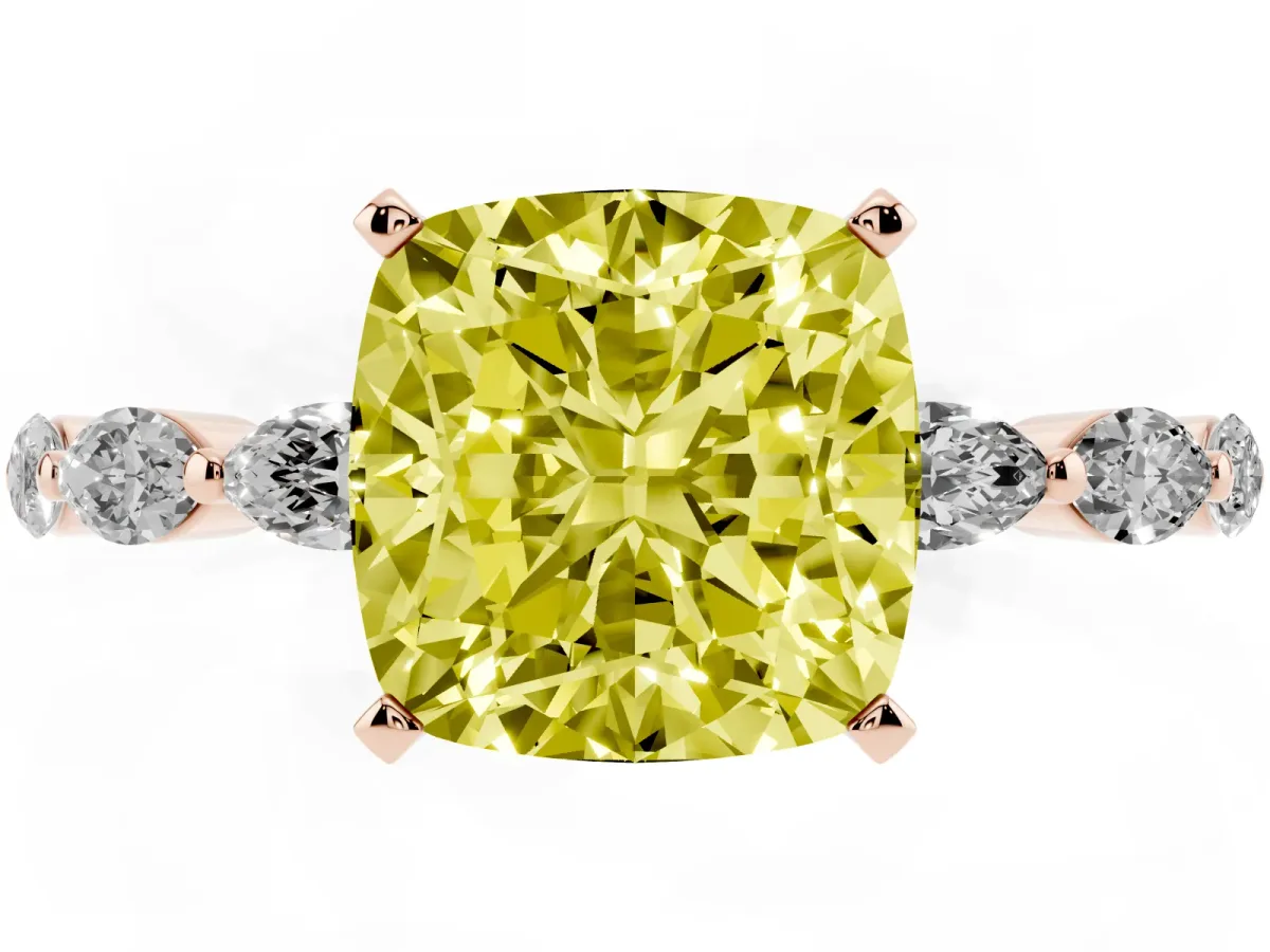 Fancy Yellow Cushion Cut Diamond Ring with Marquise Side Stones and Prong Setting Rose gold