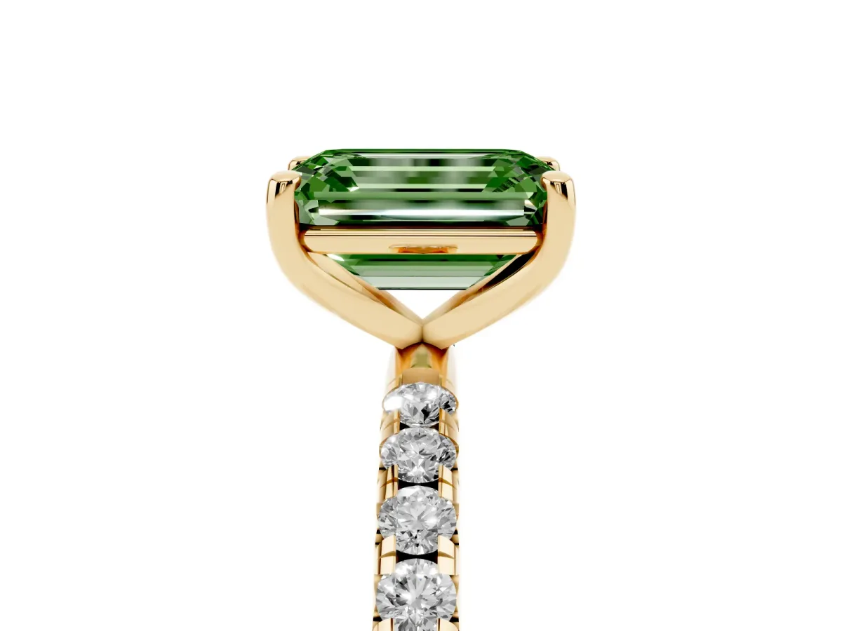 Fancy Green Emerald Cut Cut Diamond Solitaire Ring with Micro Pave Band and Four Prong Setting Yellow gold