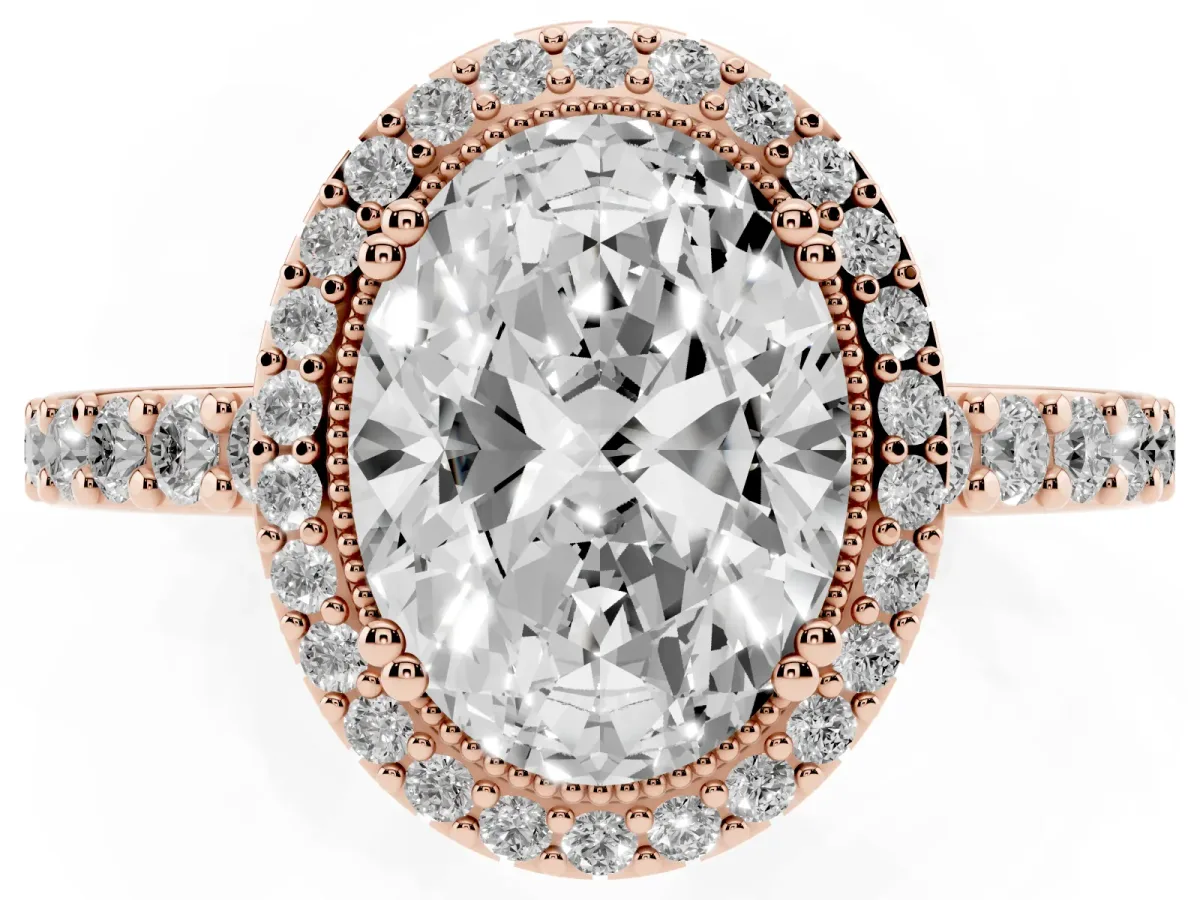 Oval Cut Cut Diamond Halo Engagement Ring with Milgrain Detail and Pavé Band Rose gold
