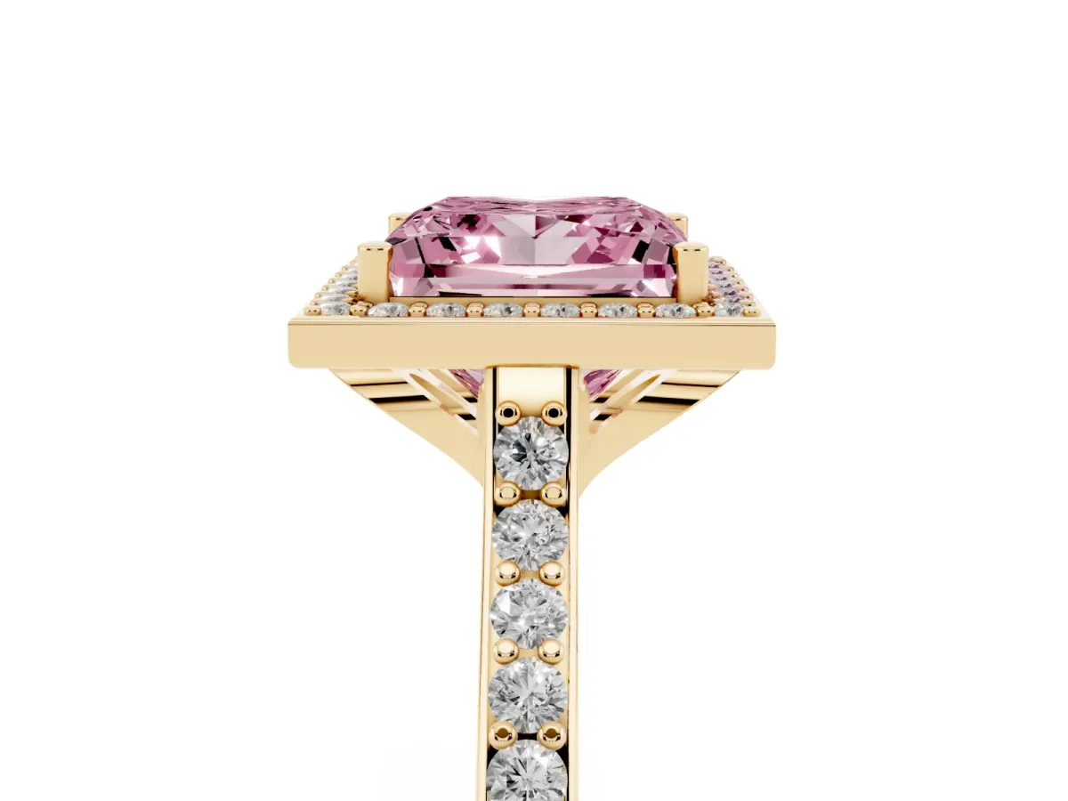Fancy Pink Princess Cut Diamond Halo Engagement Ring with Round Pavé Shoulders and Prong Setting Yellow gold