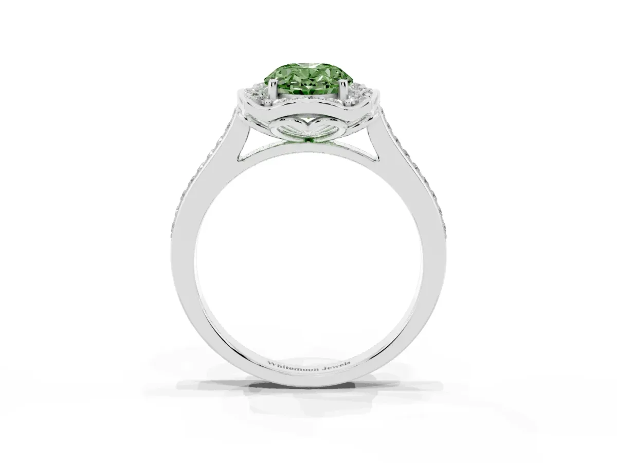 Fancy Green Oval Cut Halo Round Diamond Pave Band with Four-Prong Setting Platinum