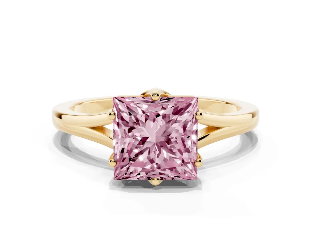 Fancy Pink Princess Cut Solitaire Diamond Ring with Six-Prong Setting and Tapered Band Yellow gold