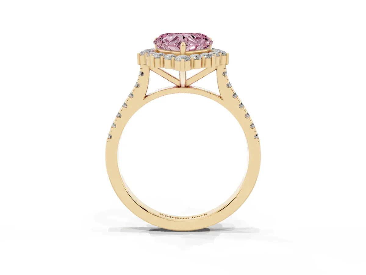 Fancy Pink Heart Cut Halo Diamond Ring with Pavé Band and Prong Setting Yellow gold