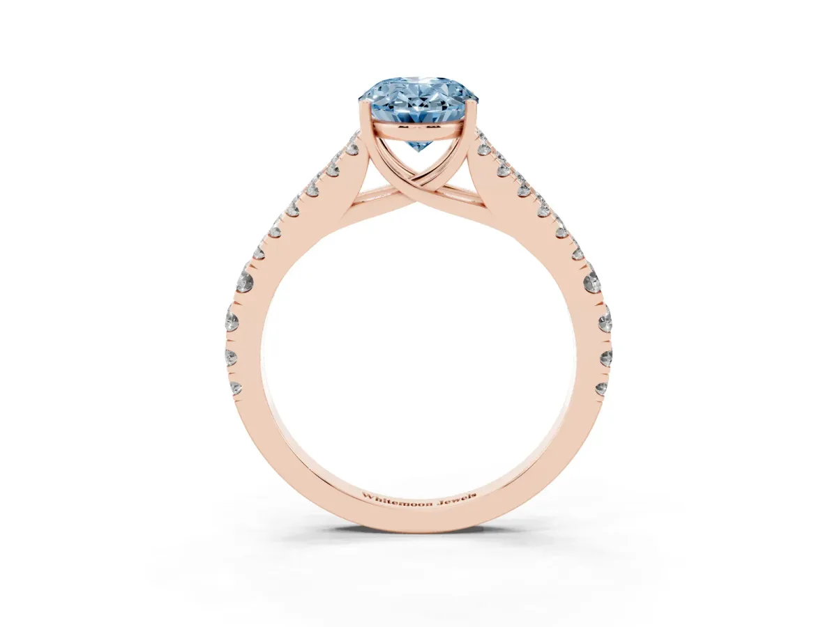 Fancy Blue Oval Cut Diamond Split Shank Pavé Engagement Ring with Four-Prong Setting Rose gold