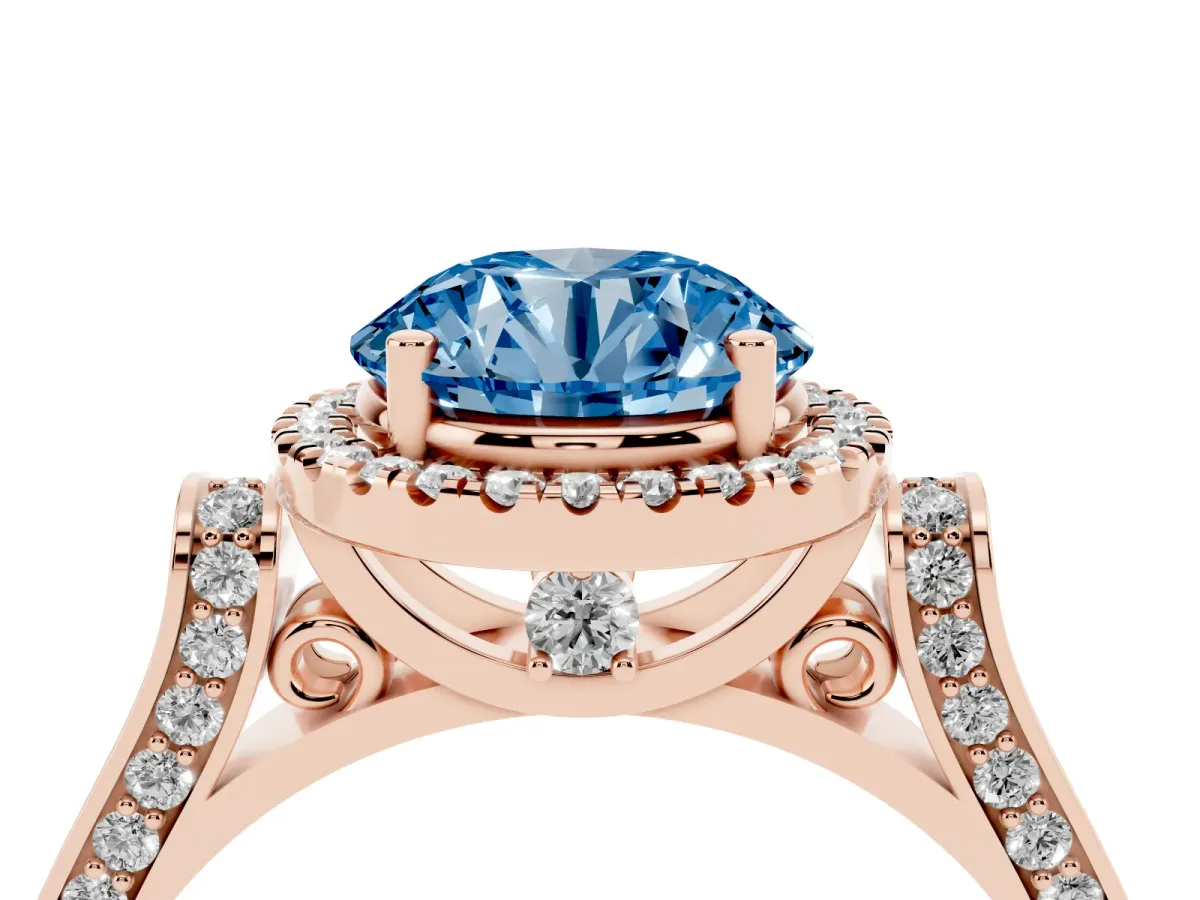 Fancy Blue Round Cut Halo Round Diamond Twist Band with Four-Prong Setting Rose gold