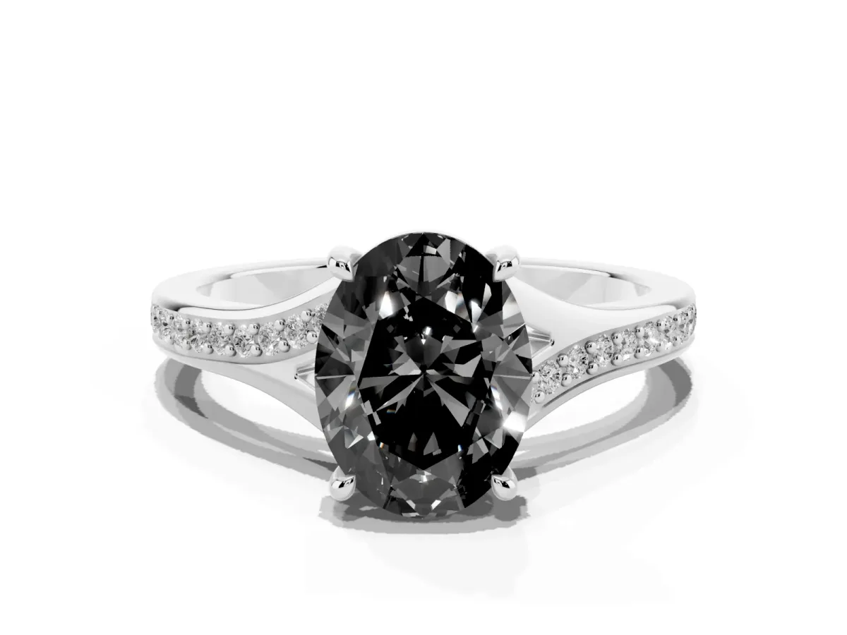 Fancy Black Oval Cut Diamond Solitaire Ring with Pavé Band and Prong Setting Silver