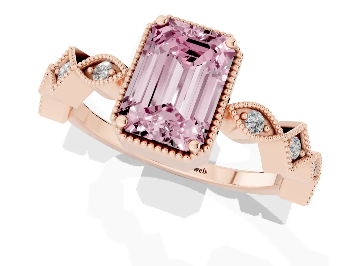 Fancy Pink Emerald Cut Milgrain Marquise Diamond Twist Band Ring Rose gold