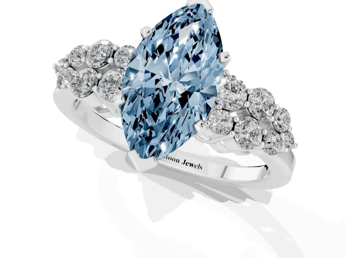 Fancy Blue Marquise Cut Cluster Diamond Engagement Ring with Pavé Band and Four-Prong Setting Silver