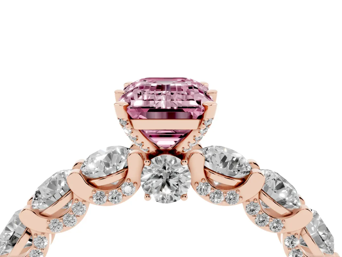 Fancy Pink Emerald Cut Diamond Side Stone Engagement Ring with Four-Prong Setting Rose gold