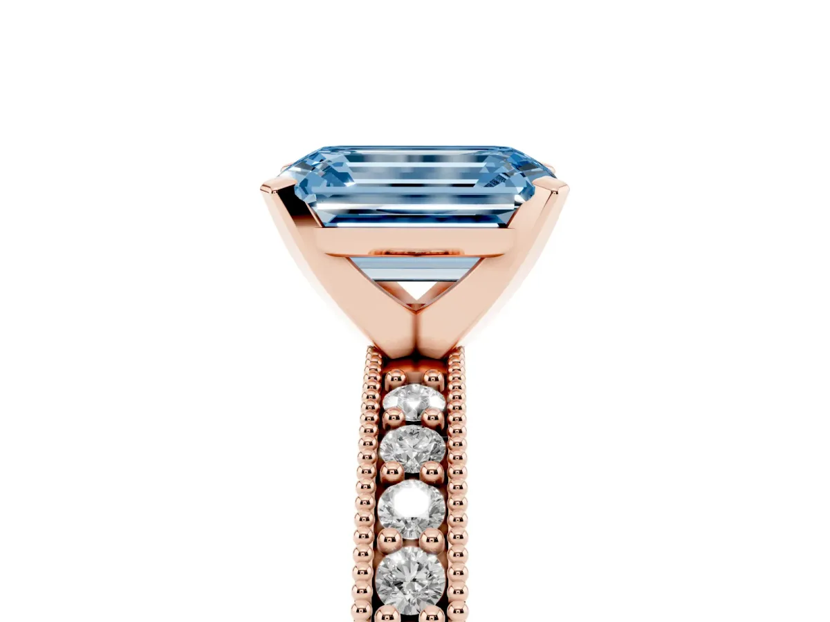 Fancy Blue Emerald Cut Diamond Milgrain Pavé Engagement Ring with Four-Prong Setting Rose gold