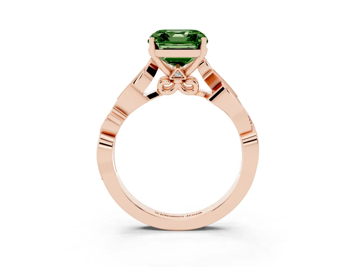 Fancy Green Asscher Cut Solitaire Vine Band with Milgrain Prong Setting Rose gold