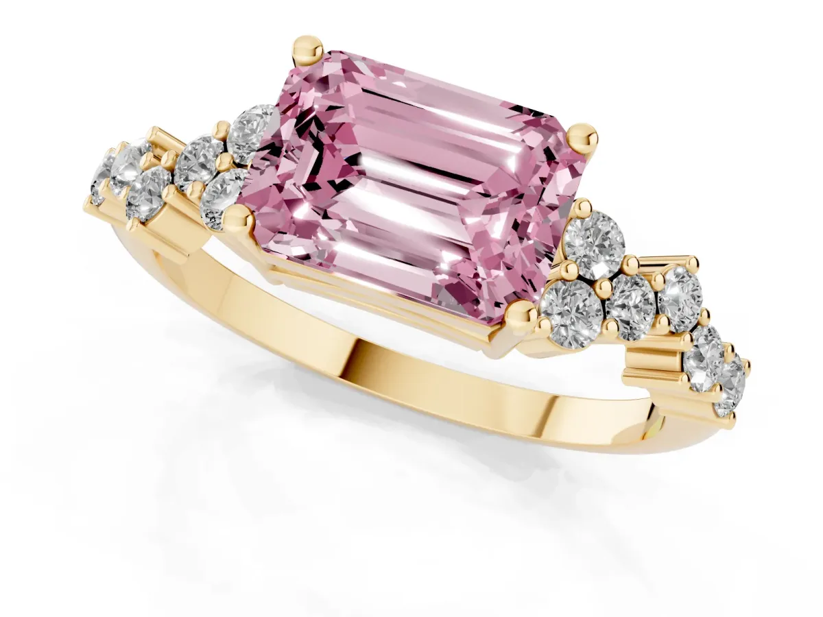 Fancy Pink Emerald Cut Diamond Scattered Round Accent Ring with Prong Setting Yellow gold