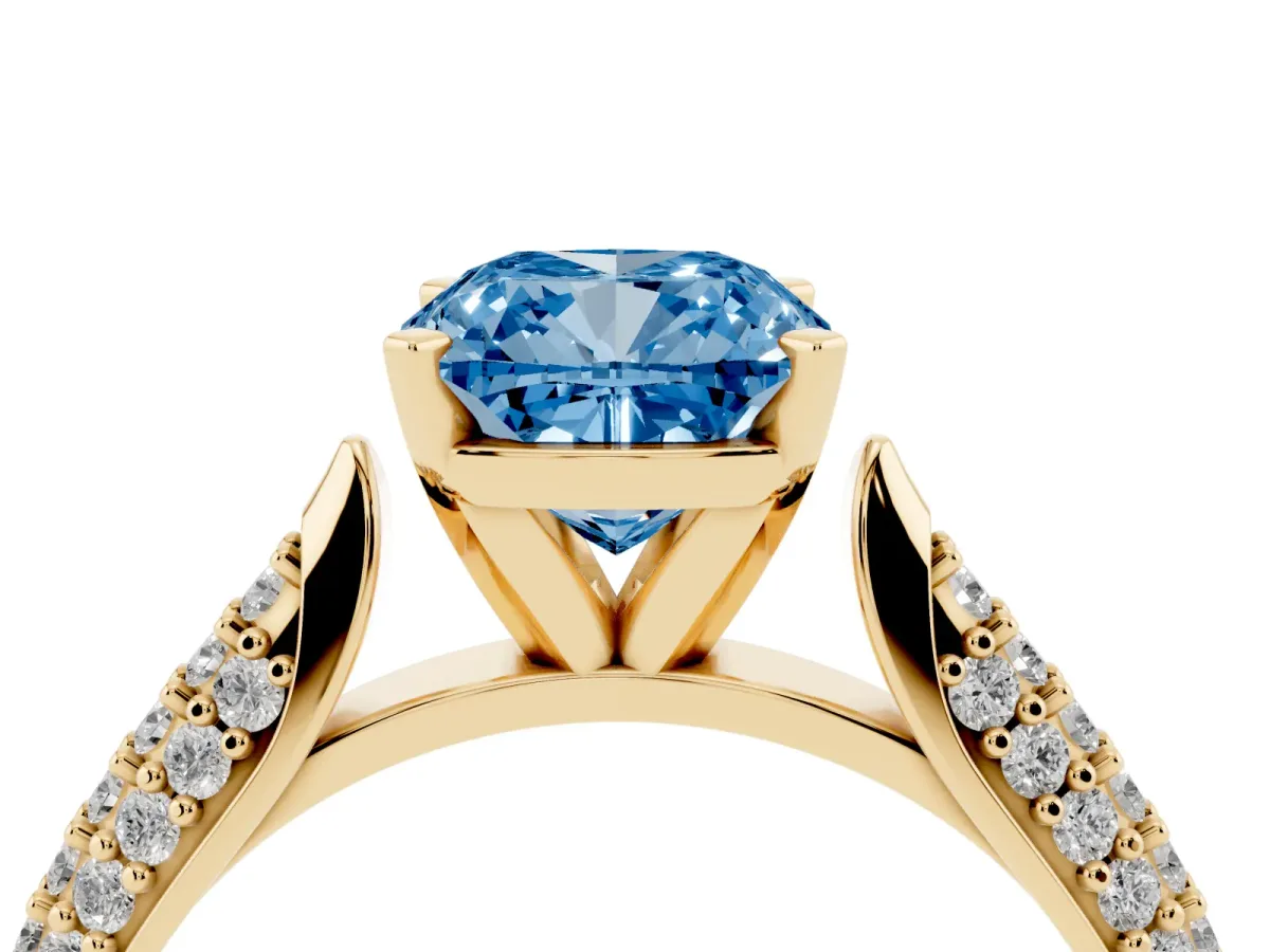 Fancy Blue Cushion Cut Diamond Solitaire Engagement Ring with Multi-Row Round Pavé Band and Prong Setting Yellow gold