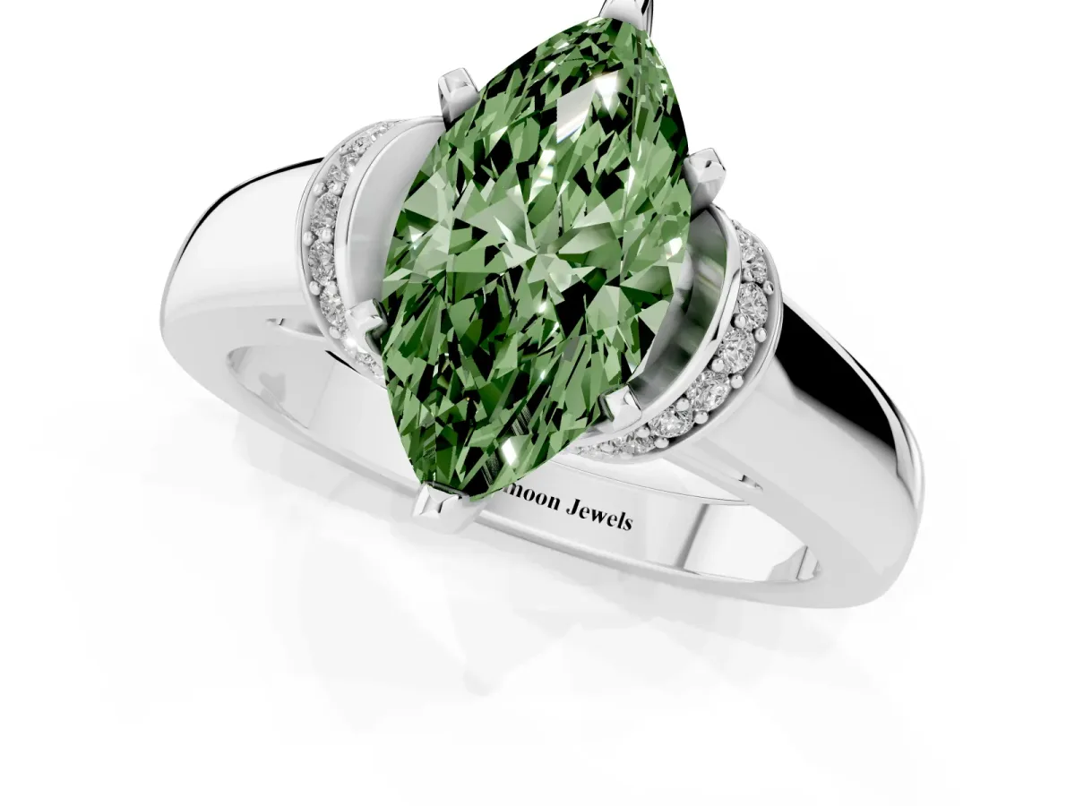 Fancy Green Marquise Cut Solitaire Diamond Ring with Pave Band and Six-Prong Setting Silver
