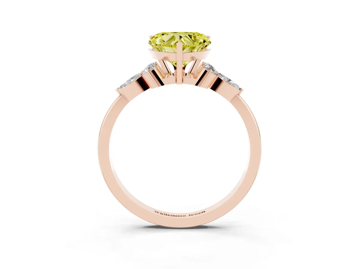 Fancy Yellow Heart Cut Brilliant Diamond Solitaire Ring with Pear Side Stones and Four-Prong Setting Rose gold