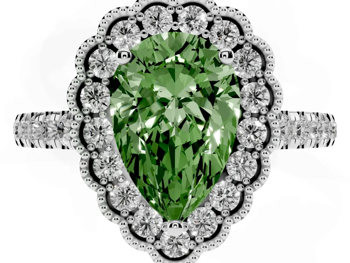 Fancy Green Pear Cut Cut Diamond Milgrain Floral Halo Engagement Ring with Pavé Band Platinum