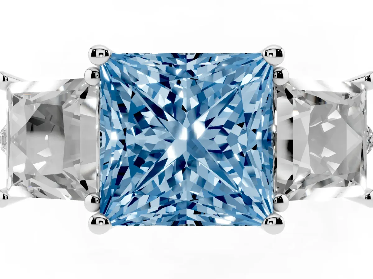 Fancy Blue Three-Stone Princess Cut Diamond Ring with Round Pavé Band and Prong Setting Silver