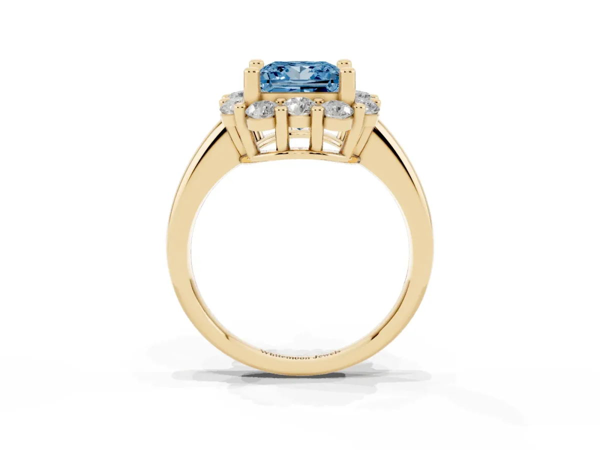 Fancy Blue Princess Cut Halo Cluster Diamond Engagement Ring with Prong Setting and Polished Band Yellow gold