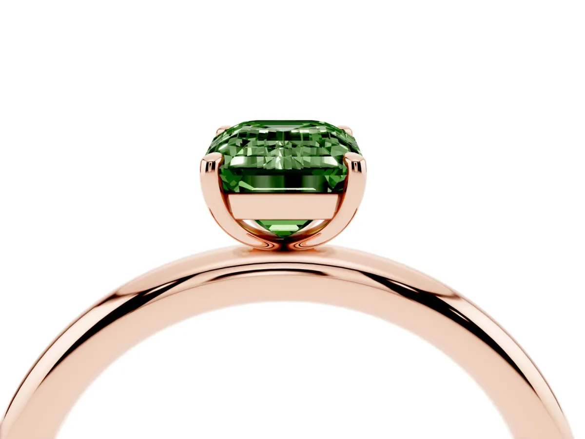 Fancy Green Emerald Cut Solitaire Diamond Ring with Four-Prong Setting on a Plain Band Rose gold