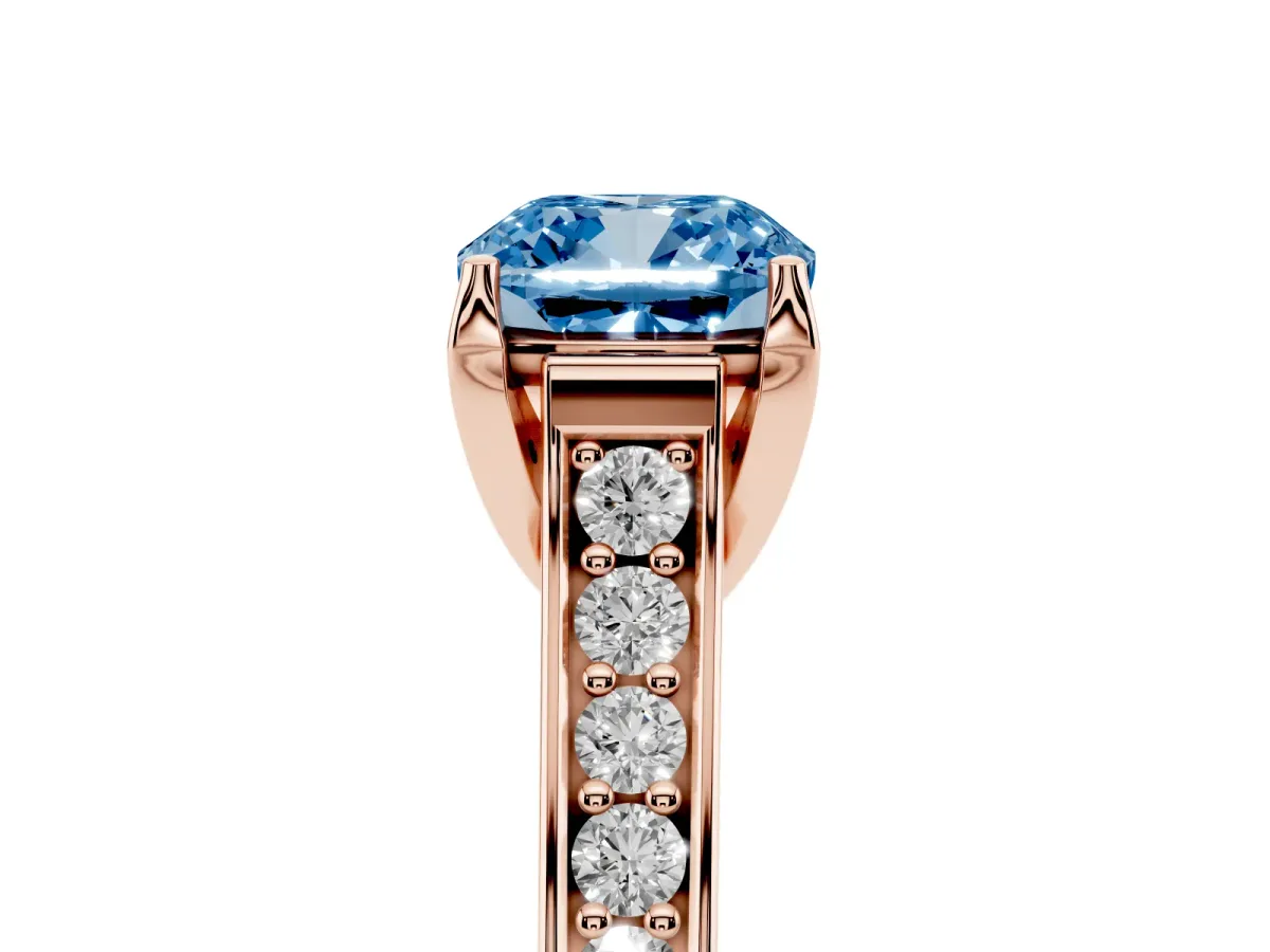 Fancy Blue Cushion Cut Brilliant Cut Diamond Engagement Ring with Pavé Band and Four-Prong Setting Rose gold