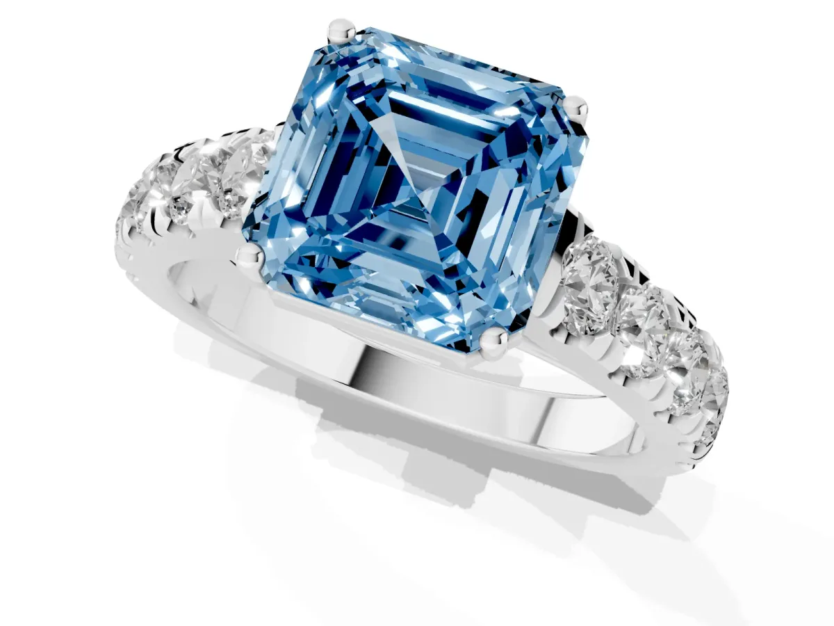Fancy Blue Asscher Cut Cut Diamond Solitaire Ring with Micro Pave Band and Prong Setting Silver