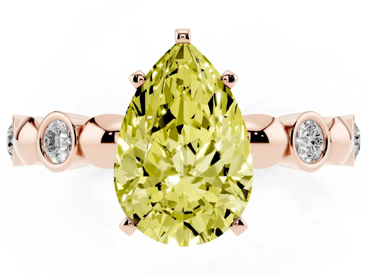 Fancy Yellow Pear Cut Solitaire Bezel-Set Diamond Ring with Beaded Band and Four-Prong Setting Rose gold