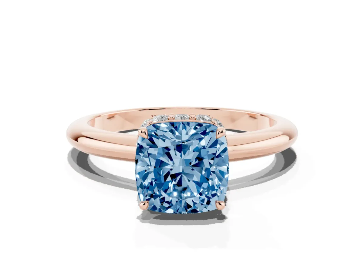 Fancy Blue Cushion Cut Brilliant Solitaire Engagement Ring with Six-Prong Setting and Classic Band Rose gold