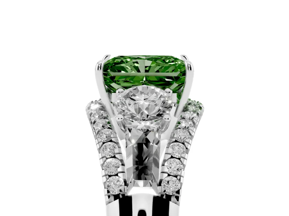 Fancy Green Three-Stone Radiant Cut Diamond Engagement Ring with Pave Band and Prong Setting Silver