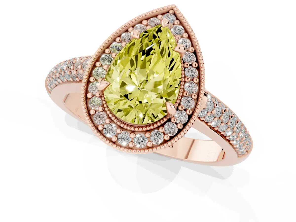 Fancy Yellow Pear Cut Cut Halo Diamond Pave Band with Four-Prong Setting Rose gold