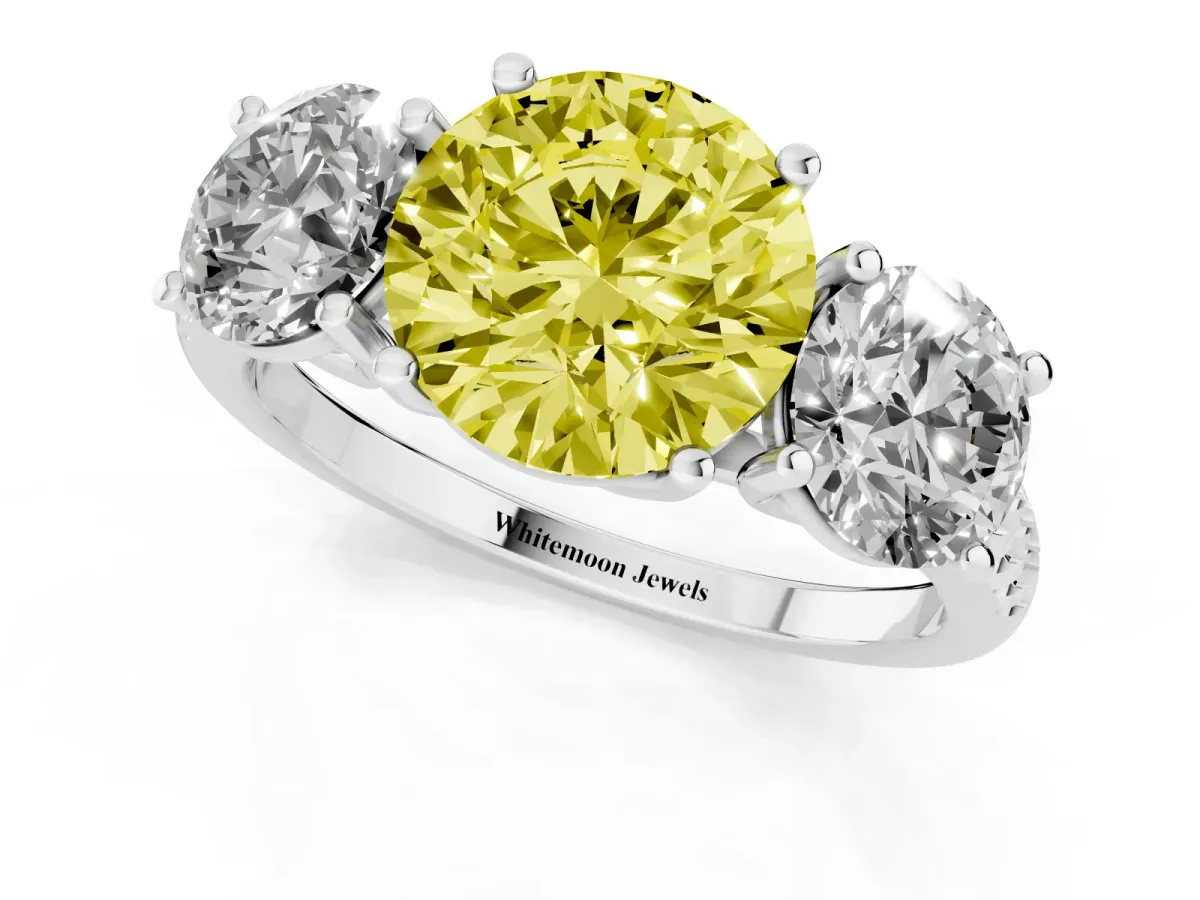 Fancy Yellow Three-Stone Round Cut Diamond Ring with Round Pavé Band and Prong Setting Silver