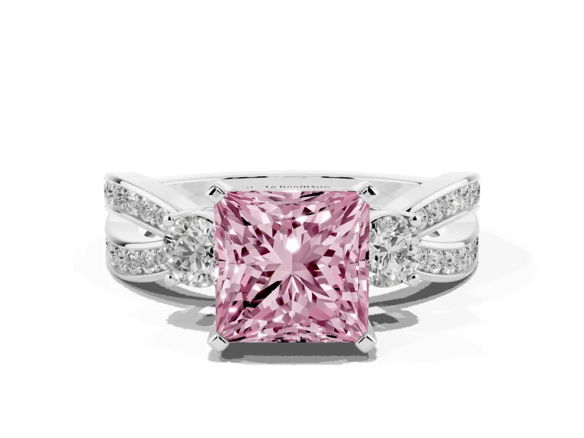Fancy Pink Three-Stone Princess Cut Cut Diamond Twist Band with Prong Setting Silver