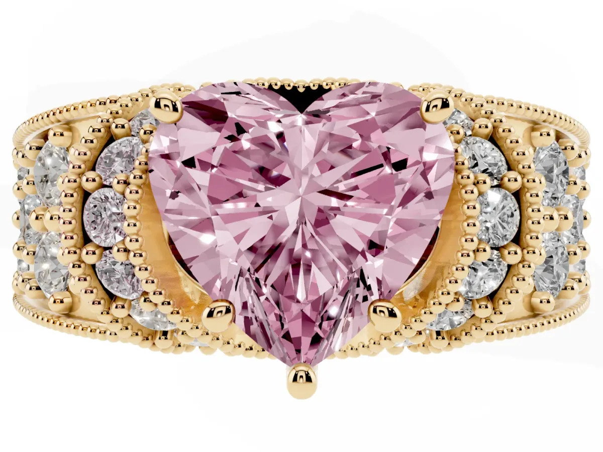 Fancy Pink Heart Cut Halo Pave Diamond Engagement Ring with Milgrain Detailing Yellow gold