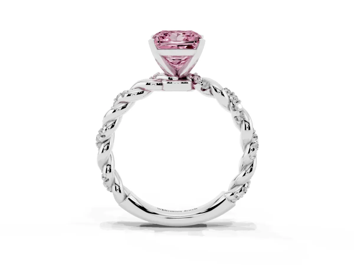 Fancy Pink Princess Cut Diamond Solitaire Ring with Twisted Band and Pavé Accents Silver