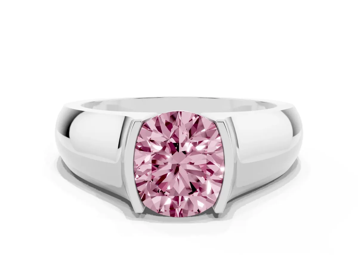 Fancy Pink Round Cut Solitaire Bezel Set Diamond Ring with Wide Band Silver