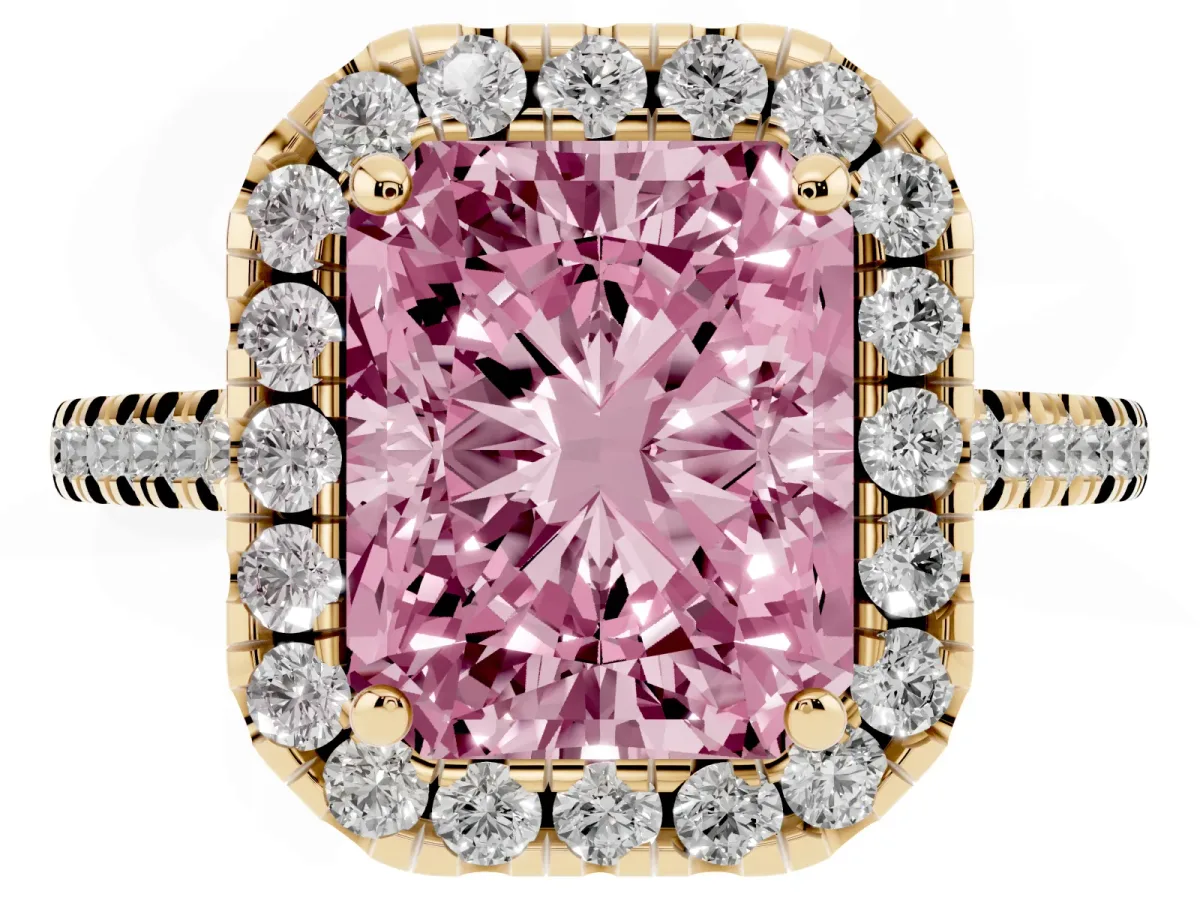 Fancy Pink Radiant Cut Diamond Cushion Halo Ring with Pavé Band Yellow gold