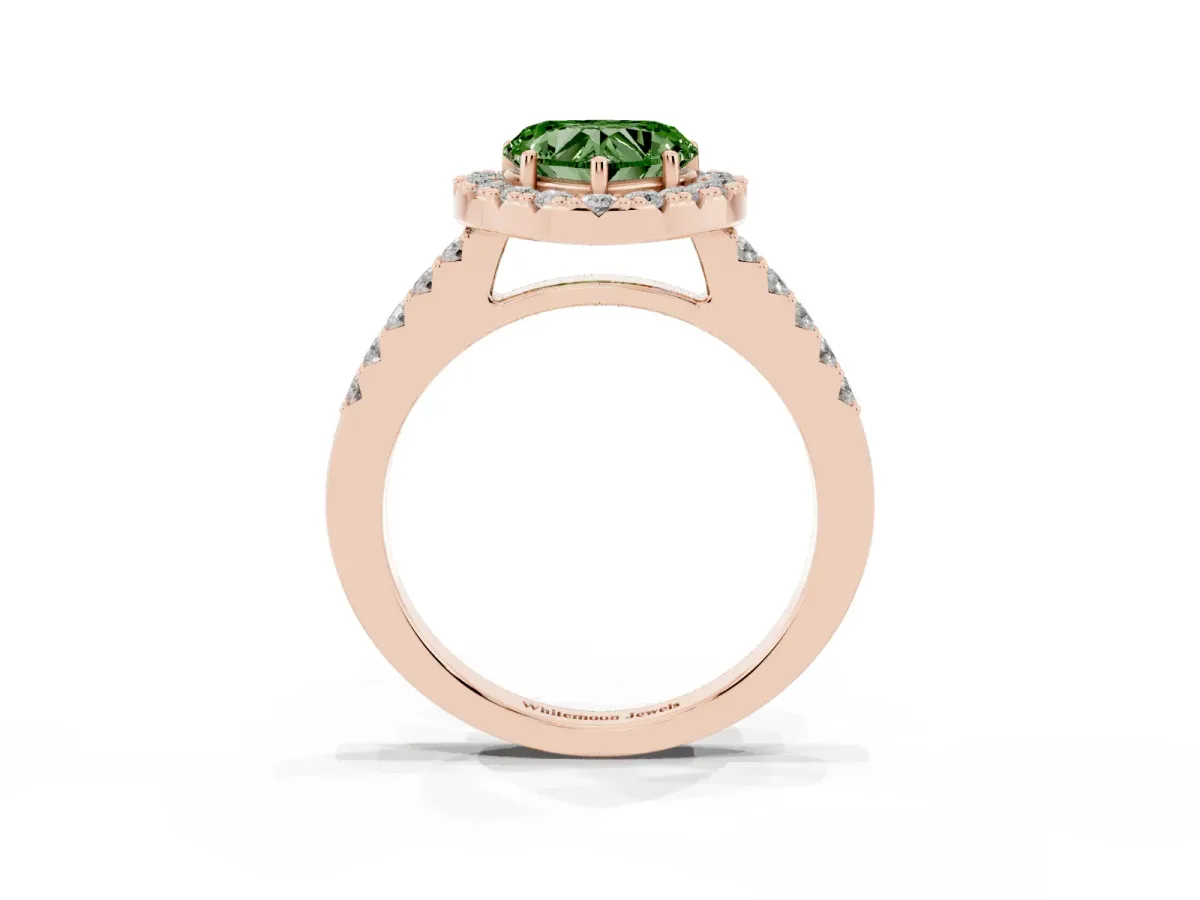Fancy Green Heart Cut Halo Diamond Pavé Solitaire Ring Rose gold