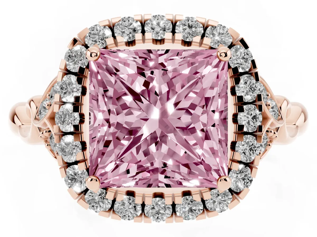 Fancy Pink Princess Cut Halo Diamond Engagement Ring with Vintage-Inspired Band and Four-Prong Setting Rose gold