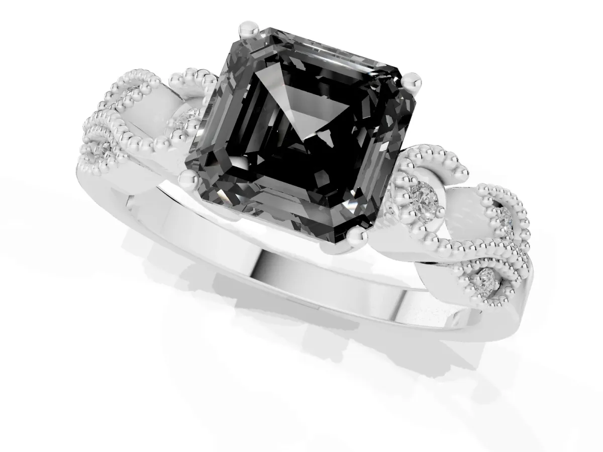 Fancy Black Asscher Cut Solitaire Milgrain Leaf Band with Prong Setting White gold