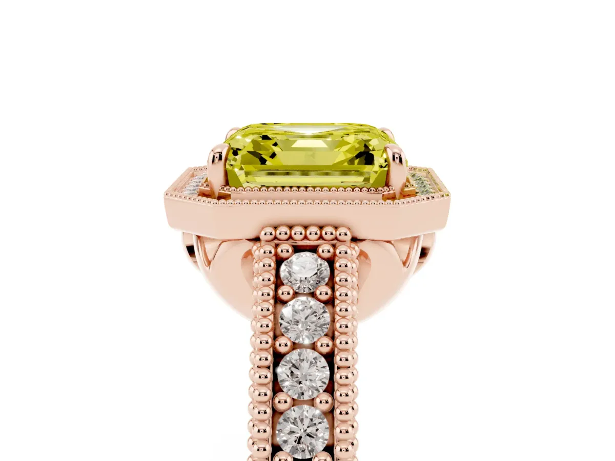 Fancy Yellow Asscher Cut Cut Halo Diamond Ring with Pavé Band and Four-Prong Setting Rose gold