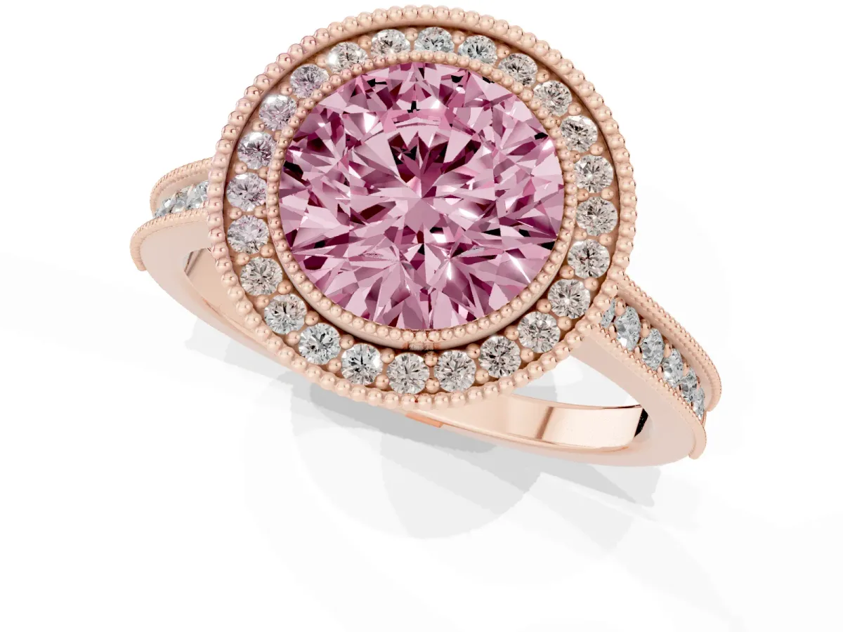 Fancy Pink Halo Round Cut-Cut Diamond Pave Band Milgrain Prong Setting Ring Rose gold
