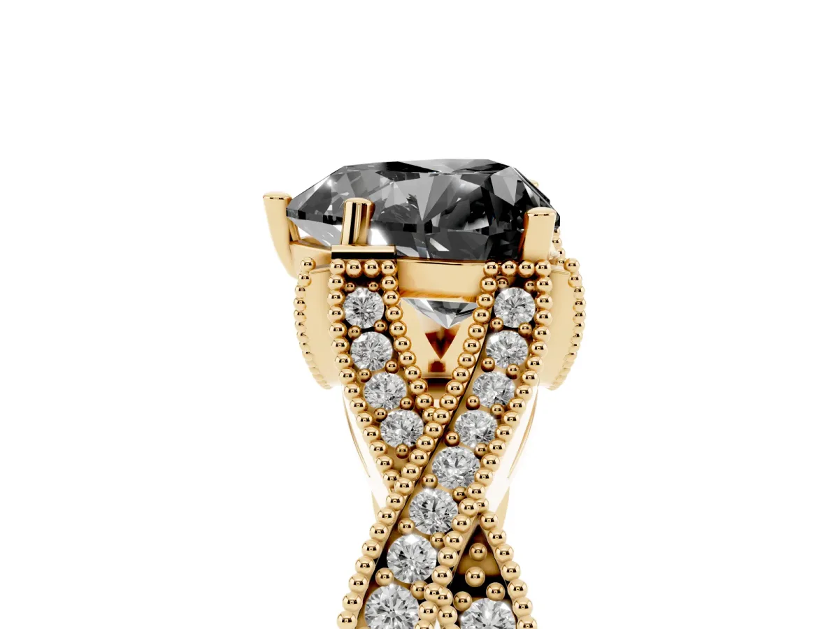 Fancy Black Heart Cut Cut Diamond Twisted Band with Milgrain Pave Setting and Four-Prong Setting Yellow gold