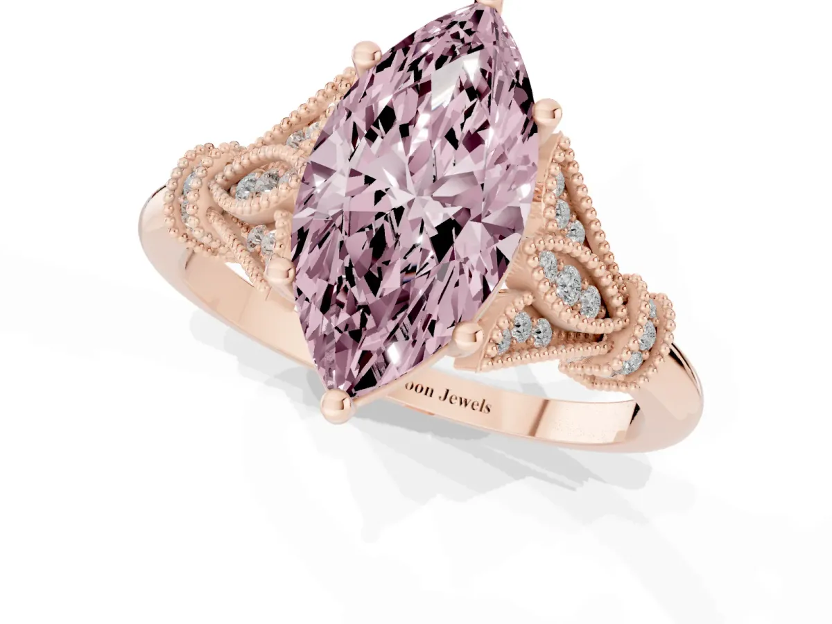 Fancy Pink Marquise Cut Diamond Solitaire Ring with Floral Filigree and Pave Accents Rose gold