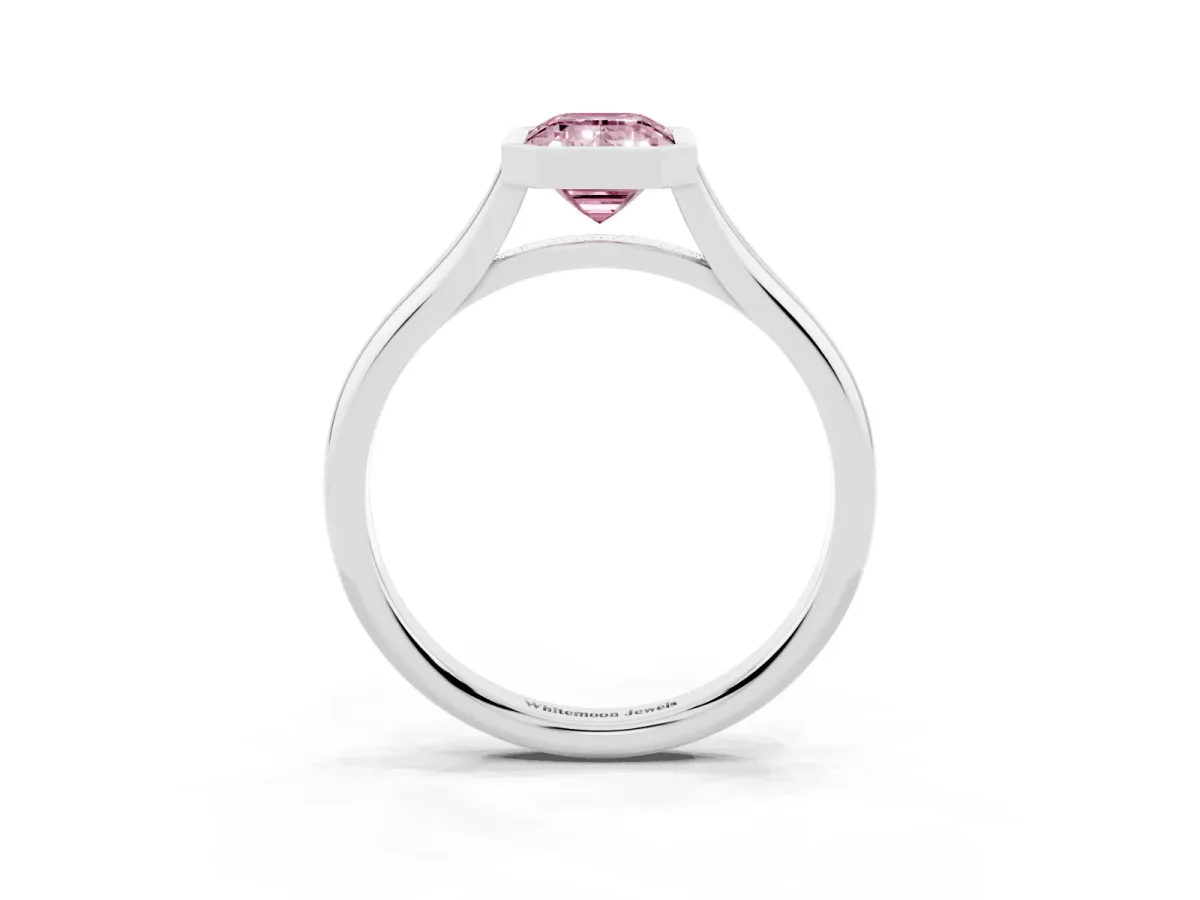 Fancy Pink Bezel Set Emerald Cut Cut Solitaire Ring with Tapered Band Silver